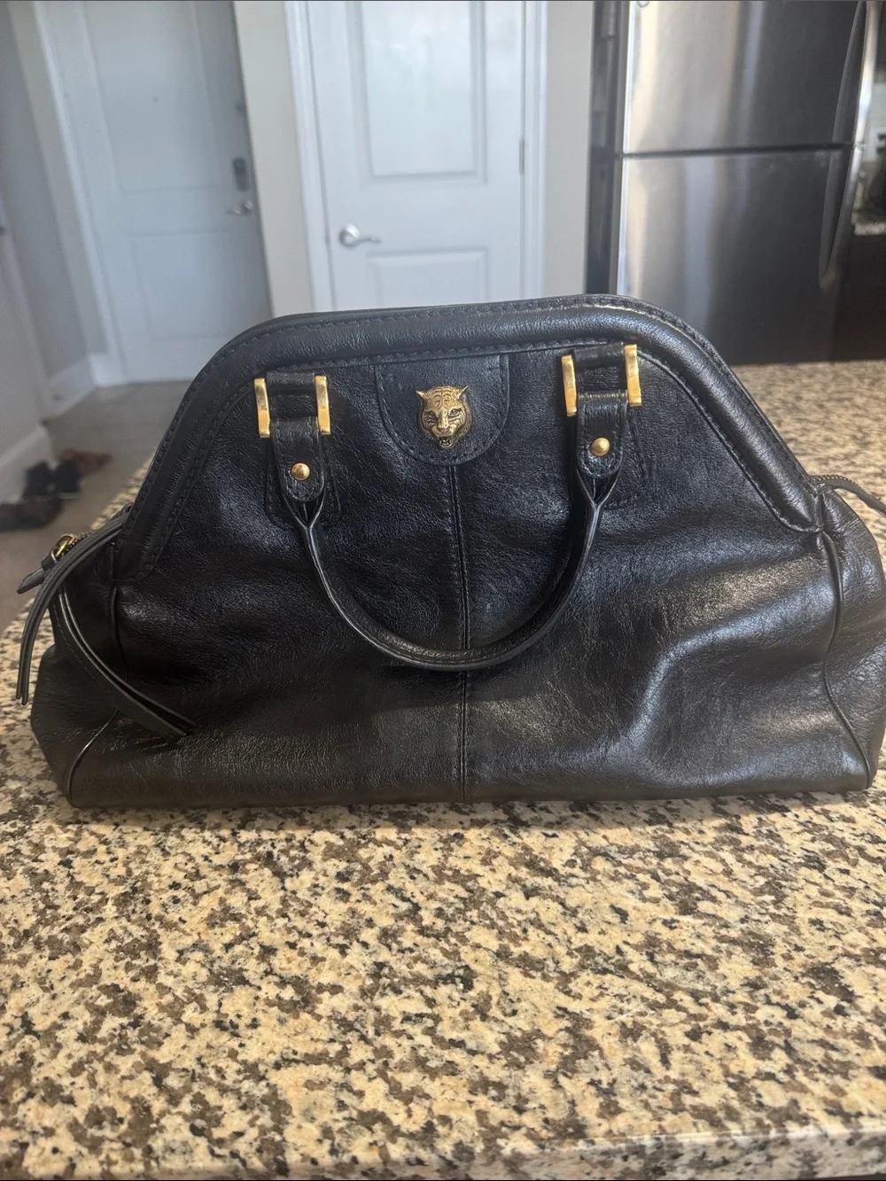 Gucci Black Leather Satchel with Gold Double G Hardware